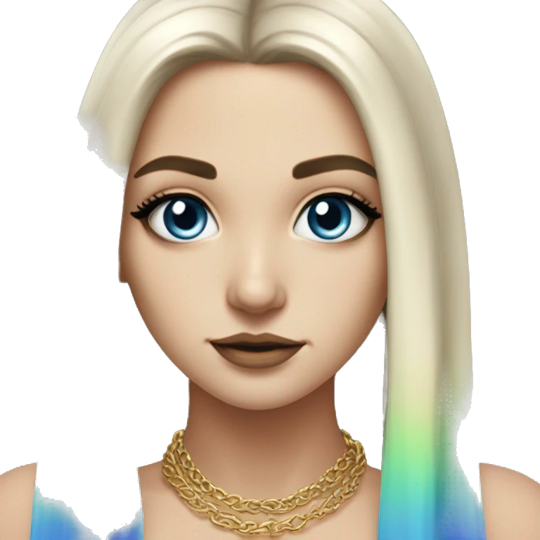 Hyperrealistic white girl with blue eyes and long black hair with rainbow fringe. Wearing gold chain necklace has dark eye makeup on her eyes emoji