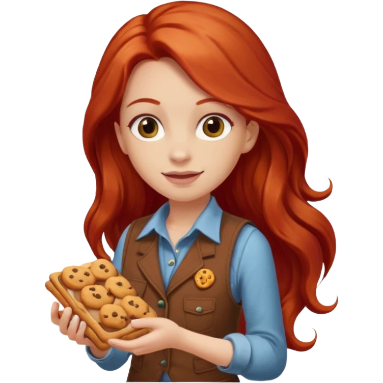 white girl scout with red long hair selling cookies with a brown vest emoji