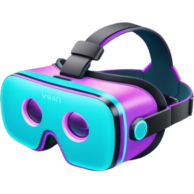 Futuristic glowing neon VR headset emoji, purple and cyan light, dark background, digital tech style emoji
