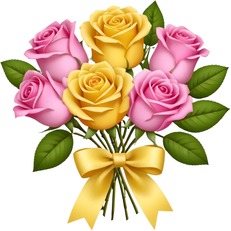 A bouquet of flowers, composed of pink and yellow roses, four blooms in total, tied with ribbon. emoji