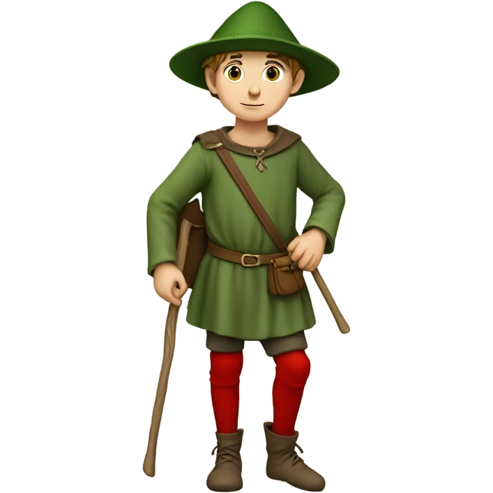 13th century European pilgrim boy with staff, red stockings, short green tunic and green hat and leather shoulder bag emoji