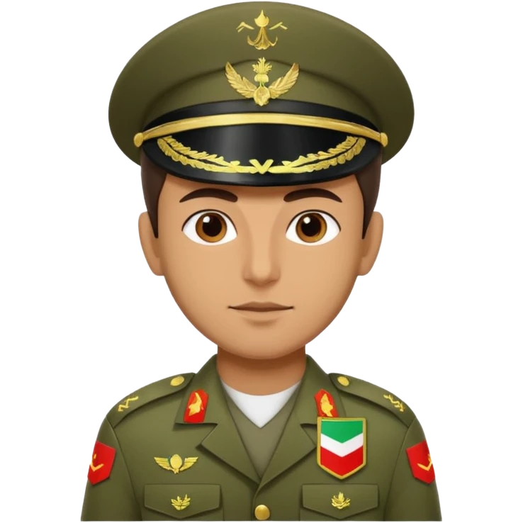 Portrait of an Iranian soldier with an Iranian flag chevron on his shoulder and chest emoji