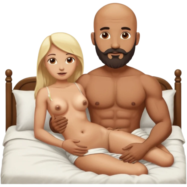 Fully Naked Indian bald man with a beard in bed holding vagina of naked blonde fit woman emoji