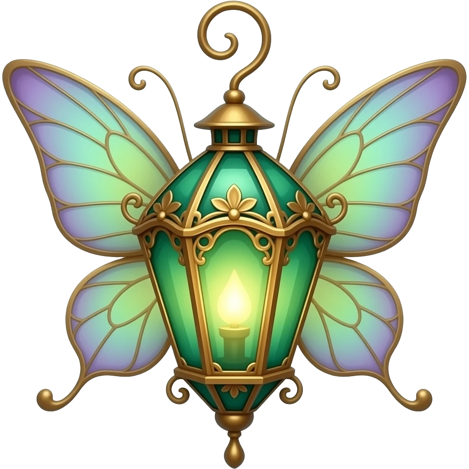 An ornate fairy lantern in emerald green and antique gold, with floral metalwork, warm glowing light, delicate curved detailing, and subtle violet accents, rendered in a sophisticated botanical fantasy style. emoji