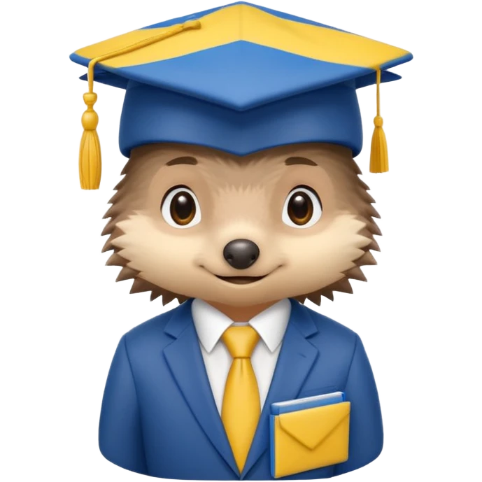 A hedgehog student in a suit in the color of the Ukrainian flag in a square academic cap emoji
