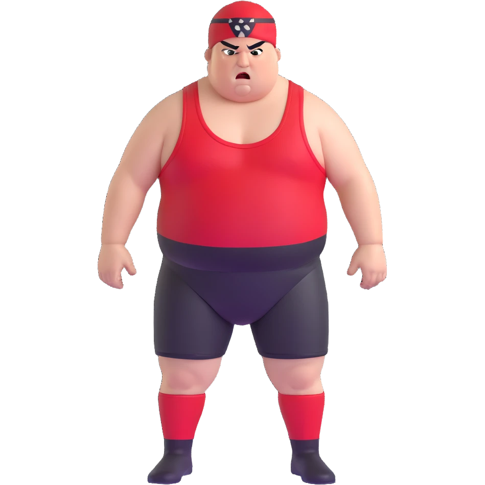 Close-up of white skin fat guy with prominent black durag, completely shaved face, no beard or mustache, black eyes in a red and black wrestling singlet with angry face emoji