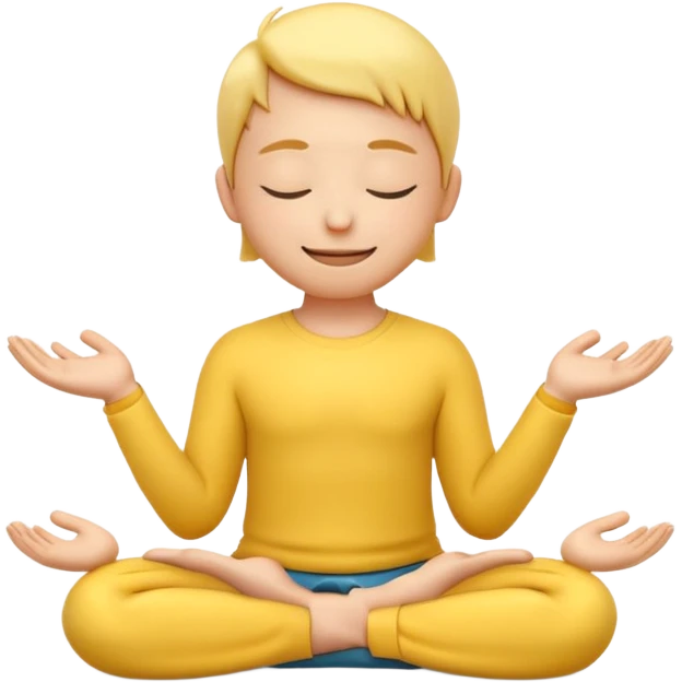 A 3D Apple-style yellow round emoji sitting in a lotus position, eyes gently closed, calm and peaceful smile, hands resting on knees with palms facing upward, relaxed eyebrows, soft glow around the emoji to symbolize inner peace, clean minimal background. emoji