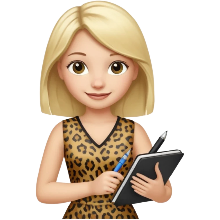 Blond hair girl with a leopard print dress and black leggings smiling holding a note book and a pen emoji