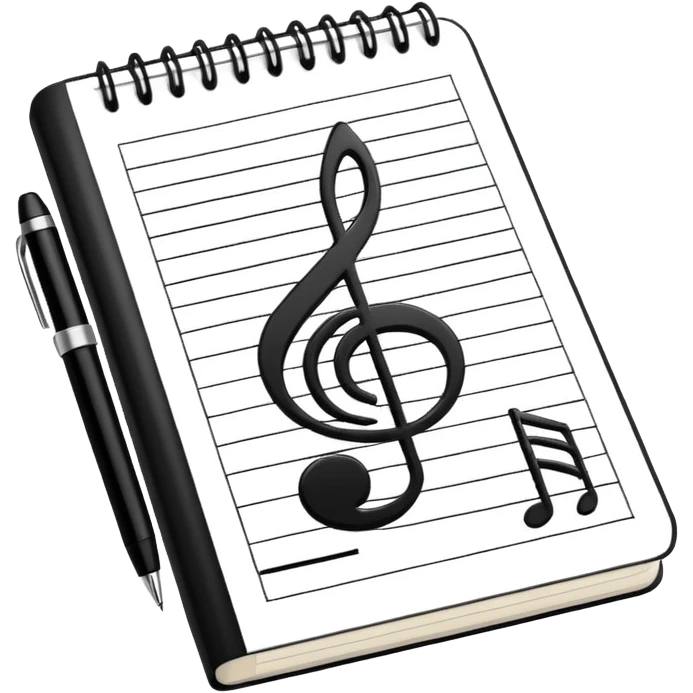 Minimalistic flat vector icon, iOS style, thin black contour on white background. Small notebook with a musical note on the cover, a pen placed next to it. Clean, modern, no text, no shadows. emoji