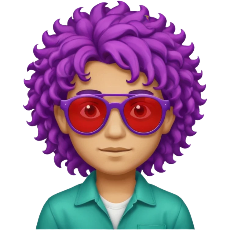 purple haired, curly big haired mexican boy with red sunglassess, vrey cool emoji