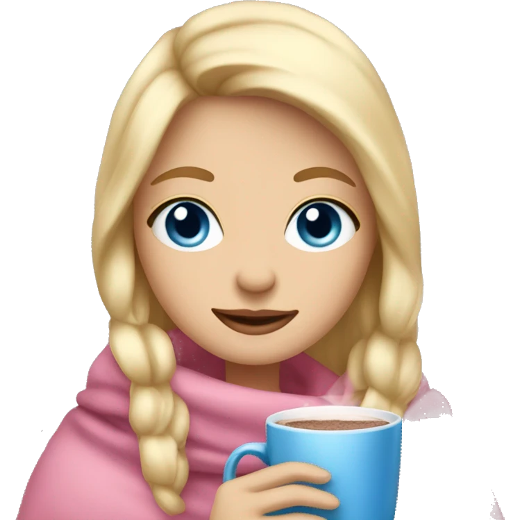 Blonde girl with blue eyes with a cozy pink blanket drinking hot chocolate  emoji