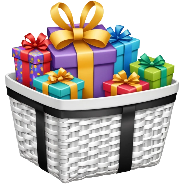  white small gift basket with small gifts inside and only 3 gifts the gift basket color white and black emoji