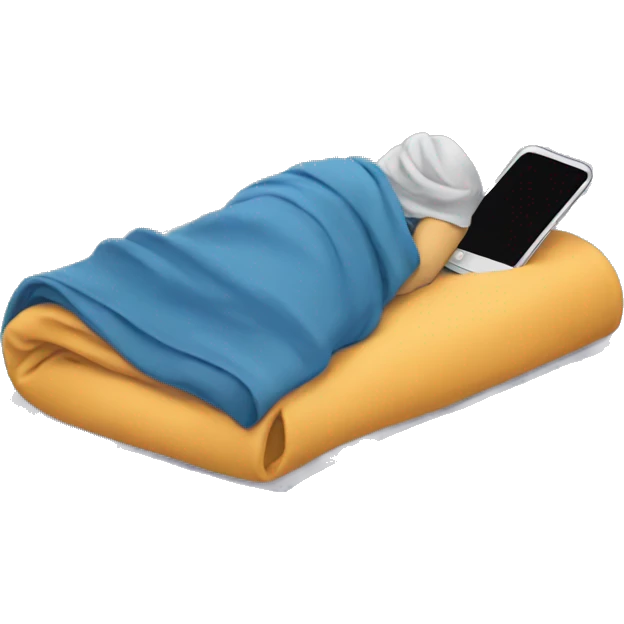 a student lying under a blanket with a phone emoji