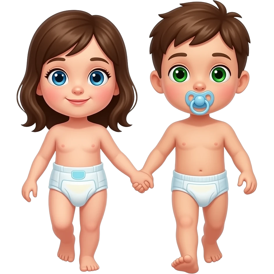A blue-eyed girl wearing a diaper and green-eyed boy wearing a diaper walking and holding handsand wearing a cloth diaper sucking on pacifier emoji
