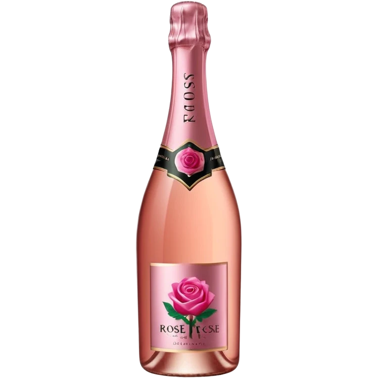 bottle of sparkling rosé champagne with a rose logo on the label, tilted up and to the right, no glass emoji
