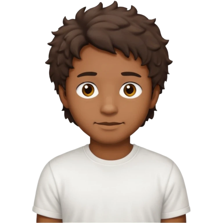 Homme brun cheveux court ondulé. Métisse. Yeux marrons très foncé. Avec t-shirt blanc avec du duvet  emoji