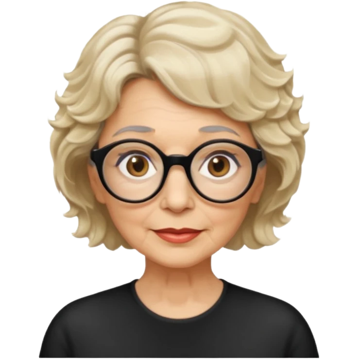 woman 70 years old, short blonde weavy hair, brown eyes and round dark glasses emoji