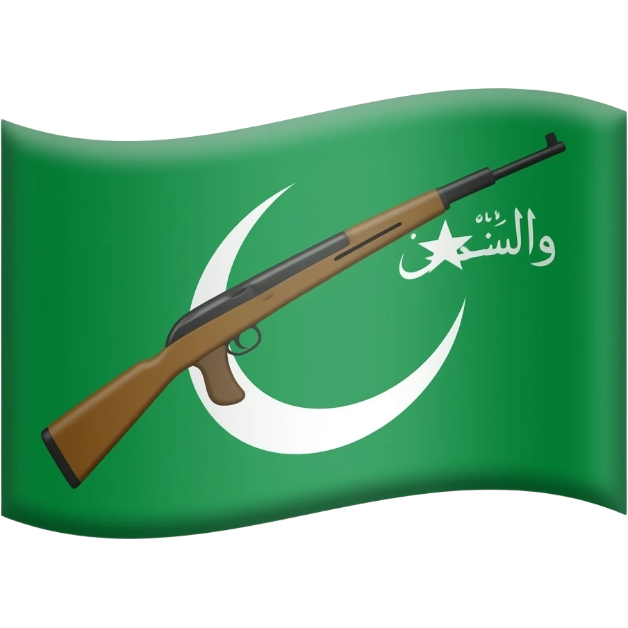 A green flag with rifle gun and moon and star and something written in Arabic emoji