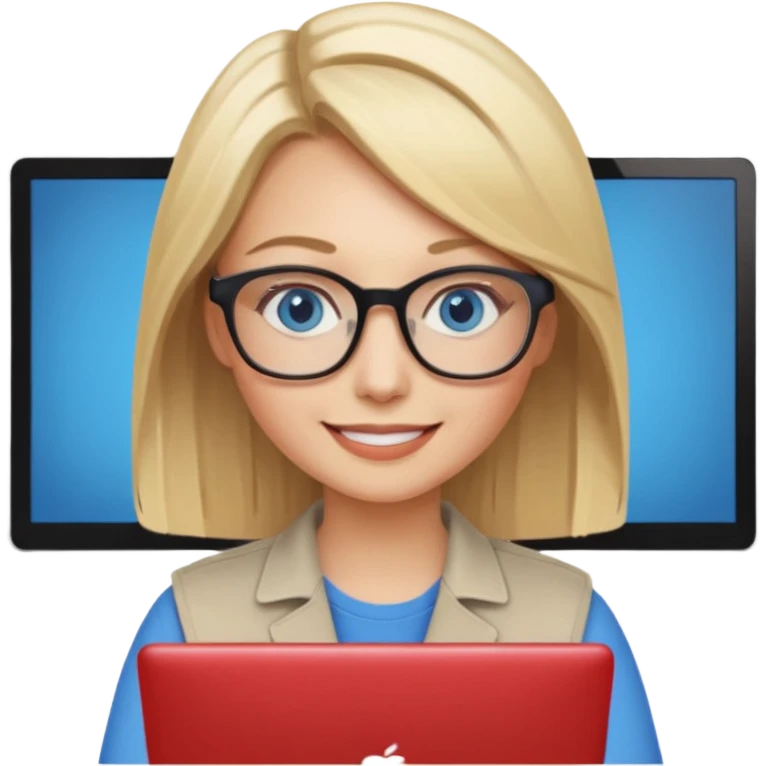 donna bionda occhi azzurri con occhiali, capelli media lunghezza lisci, è al pc è una grafica editoriale e redattrice emoji