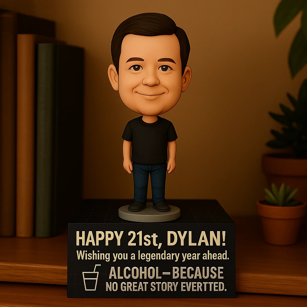 Add a birthday message: 'Happy 21st, Dylan! Wishing you a legendary year ahead.' Keep Dylan as a bobblehead character, minimal neon grid background, one drink icon, bold chrome text for the quote, and maintain the clean, balanced layout in the bobblehead style emoji