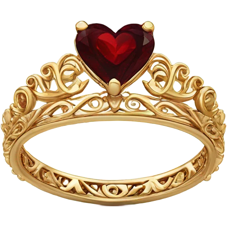 Gold ornate tiara shaped engagement ring with heart shaped garnet stone in center front facing emoji