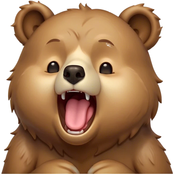 Cinematic Cute Yawning Bear Portrait Emoji, Head tilted slightly with a dramatic, wide-open yawn, showcasing a soft, plush dark brown fur with drooping ears, round eyes barely open in drowsy contentment, Simplified yet irresistibly adorable features, highly detailed, glowing with a soft, cozy glow, high shine, relaxed yet expressive, stylized with a touch of woodland charm, bright and endearing, soft glowing outline, capturing the essence of a sleepy yet affectionate bear, so drowsy it feels like it could lumber out of the screen and curl up for a nap! emoji