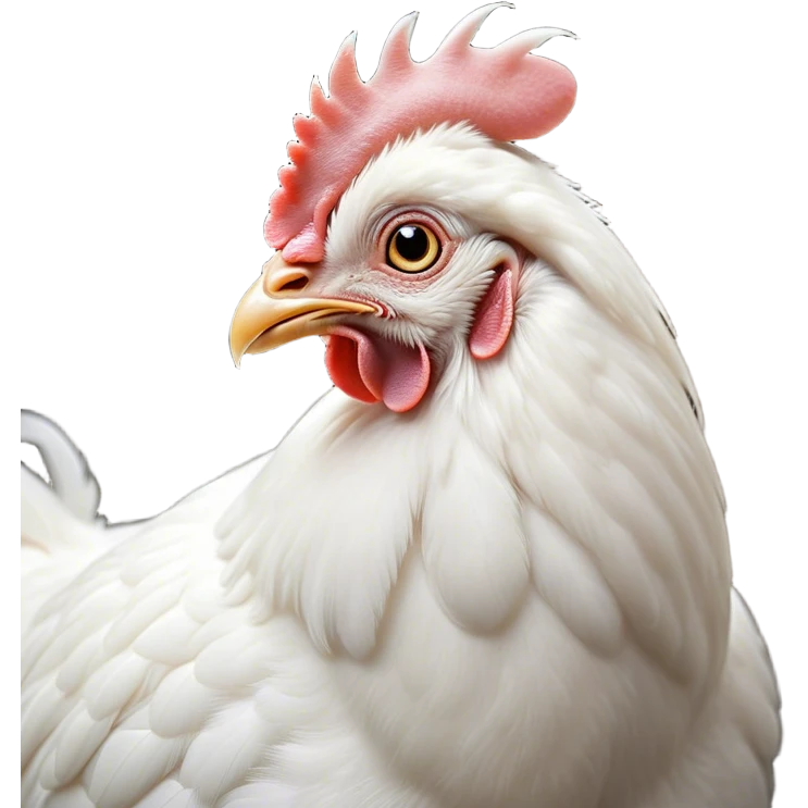 Cinematic Noble White Chicken Portrait Emoji, Poised and regal, with a compact, sturdy build and a pristine, well-groomed pure white plumage, deep-set soulful beady eyes, Simplified yet sharp and sophisticated features, highly detailed, glowing with a soft, dignified glow, high shine, intelligent and alert, stylized with an air of barnyard elegance, focused and attentive, soft glowing outline, capturing the essence of a watchful and confident fowl, so majestic it feels as though it could strut out of the screen with effortless authority! emoji