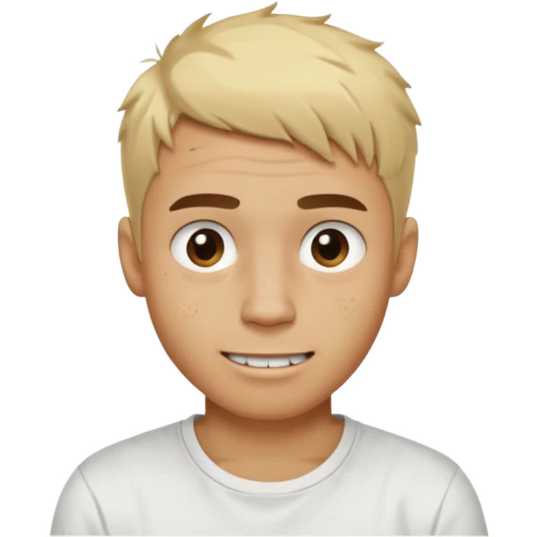 Male with short, messy blonde buzzstyle hair, large expressive golden-brown eyes, brown skin, subtle facial bruises and scratches, crooked smile showing slightly damaged teeth, wearing a plain white t-shirt. emoji