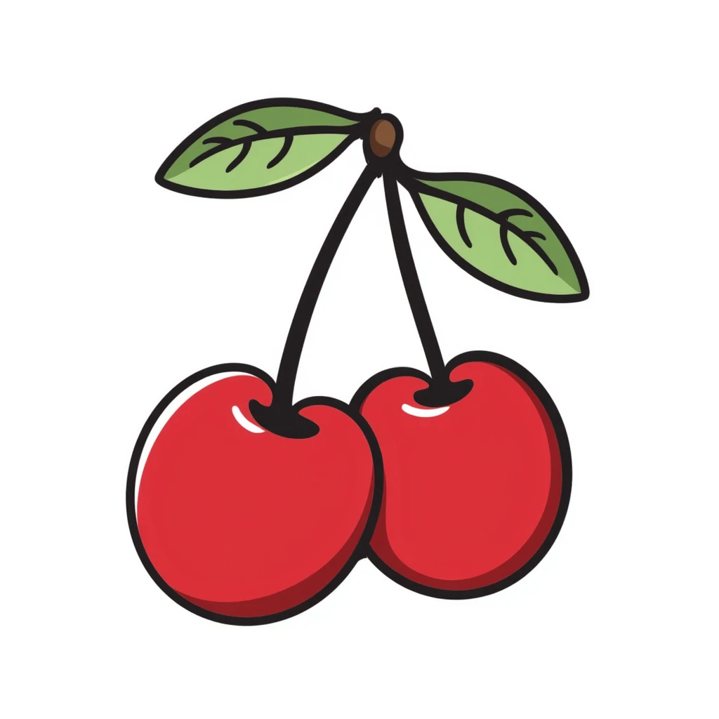 Hand-drawn pair of crimson red cherries with stem and leaves emoji