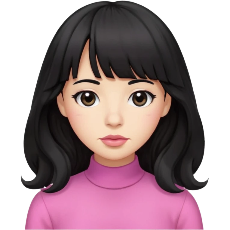 wavy long black hair with bangs, small lips, downturned black eyes, small large nose, pink clothes  emoji