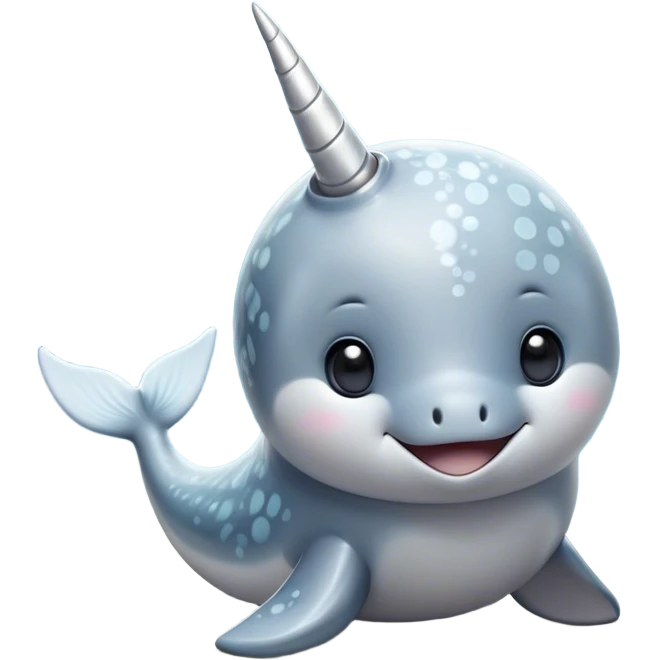 Cinematic Noble Cute Narwhal Portrait Emoji, Poised and graceful, with a streamlined, gently curved body clad in mottled, silvery-gray skin, accented by a long, spiraled ivory tusk and wide, expressive eyes radiating playful intelligence, Simplified yet sharp and sophisticated features, highly detailed, glowing with a cool, frosted ocean glow, high shine, intelligent and enigmatic, stylized with an air of whimsical marine majesty, focused and graceful, soft glowing outline, capturing the essence of a watchful and confident cute narwhal that appears ready to glide out of the screen with effortless charm! emoji