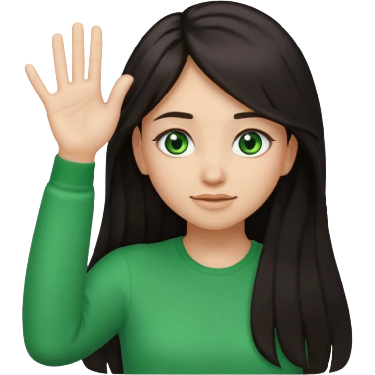 Animated girl dark long hair green eyes emoji holding right side of the head with her hand with duh facial expression  emoji