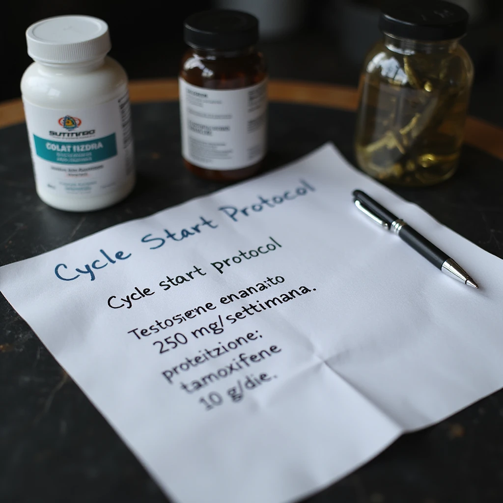 Gym desk with cycle start protocol written on a sheet, next to supplements and a pen. The sheet reads: 'Ciclo base: testosterone enantato 250 mg/settimana, 8 settimane, protezione: tamoxifene 10 mg/die.' Hyperrealistic 4K details. emoji