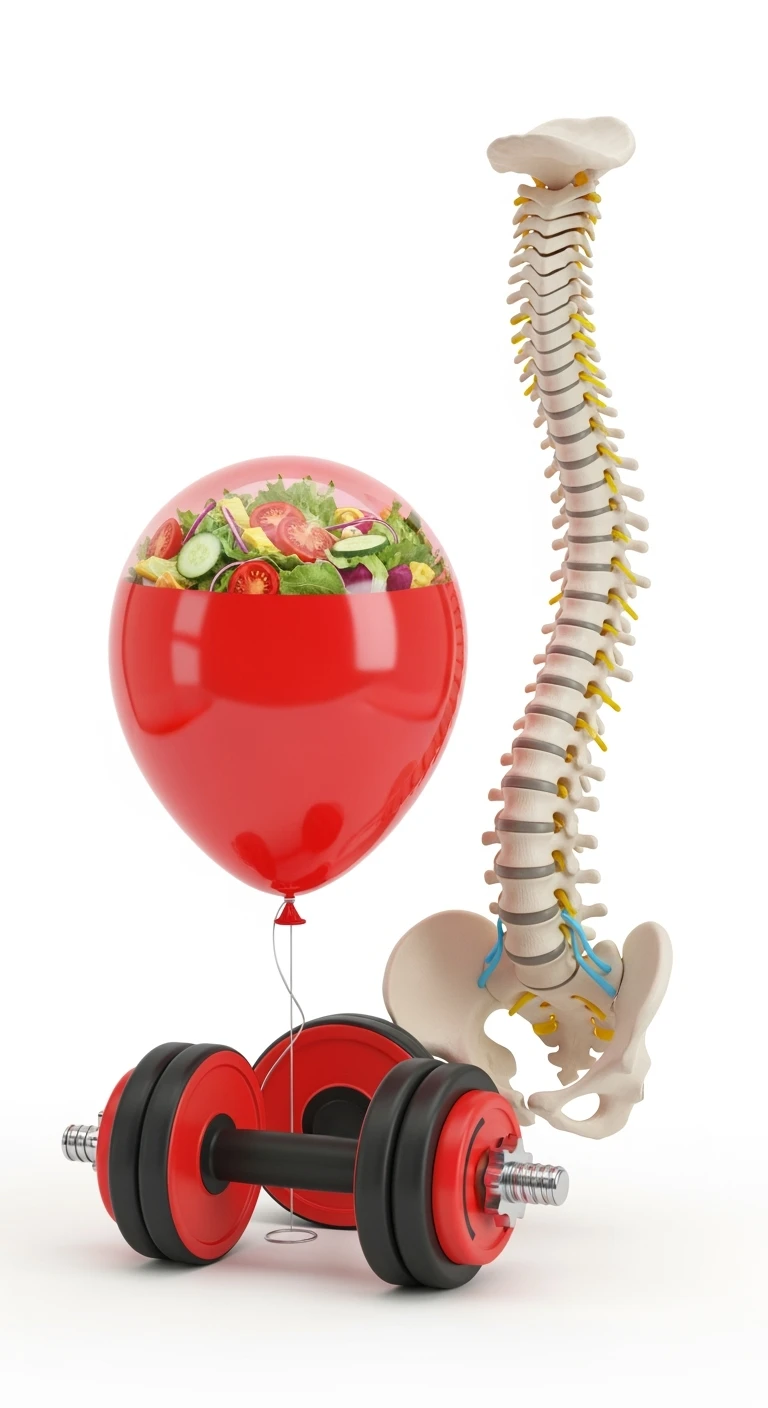 palloncino rosso con all'interno insalata, manubri da palestra e una spina dorsale anatomica realistica in 3d, isolato su sfondo bianco emoji