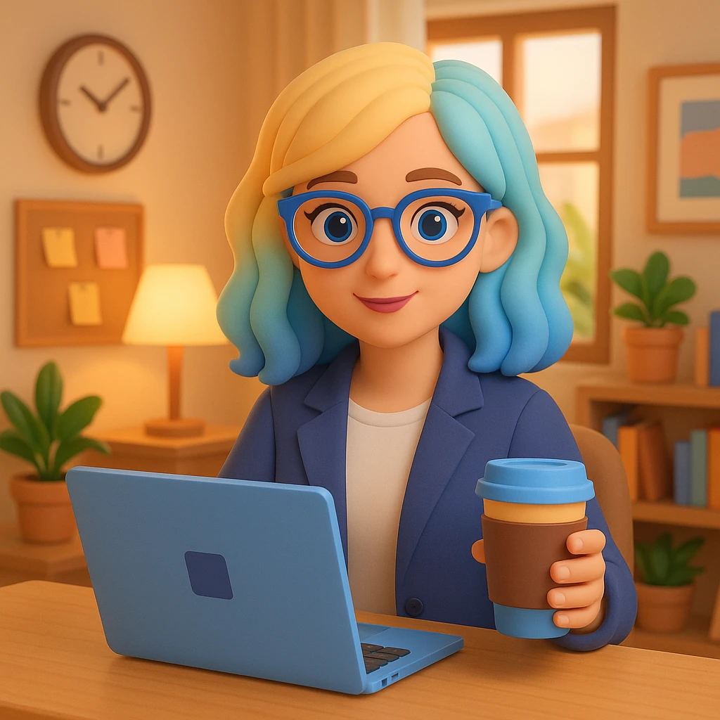 A girl with blonde hair and blue hair wearing glasses holds a laptop and a glass of coffee with a background emoji