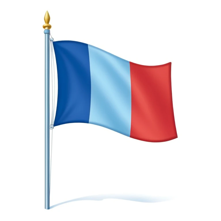 French flag waving in the wind on a flagpole, flat colors, simple shading, long shadow, light blue background emoji
