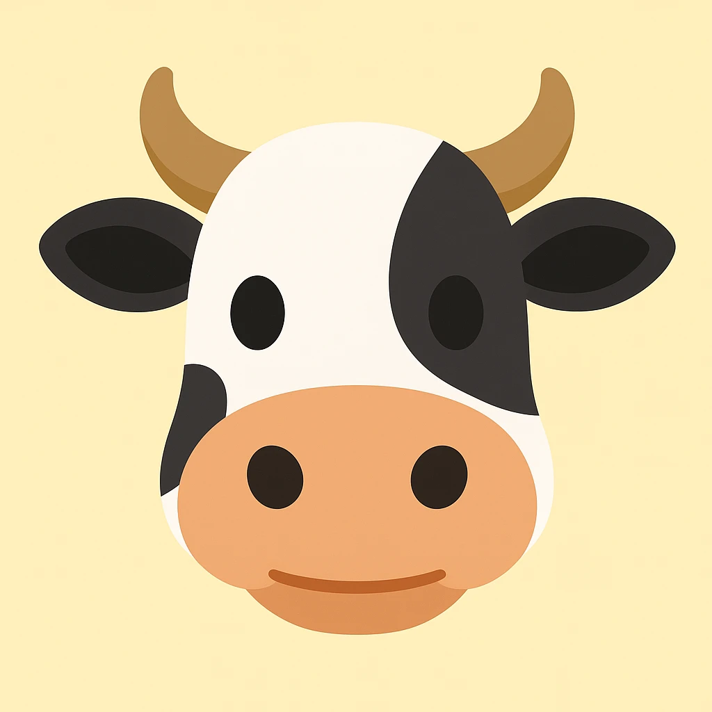 Create a simplified, friendly cow face emoji similar to the reference image. The emoji should have black and white markings and horns, with a subtle highlight added to the nose, in a simplified emoji-like style. emoji