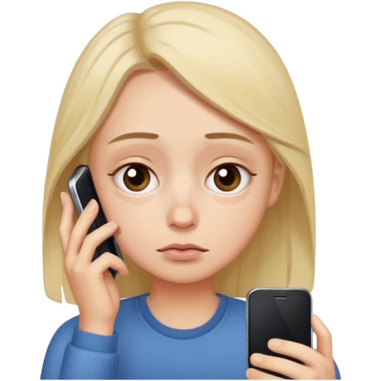 cartoon style of a tired person with dark circles under eyes looking at their cellphone, simple background emoji