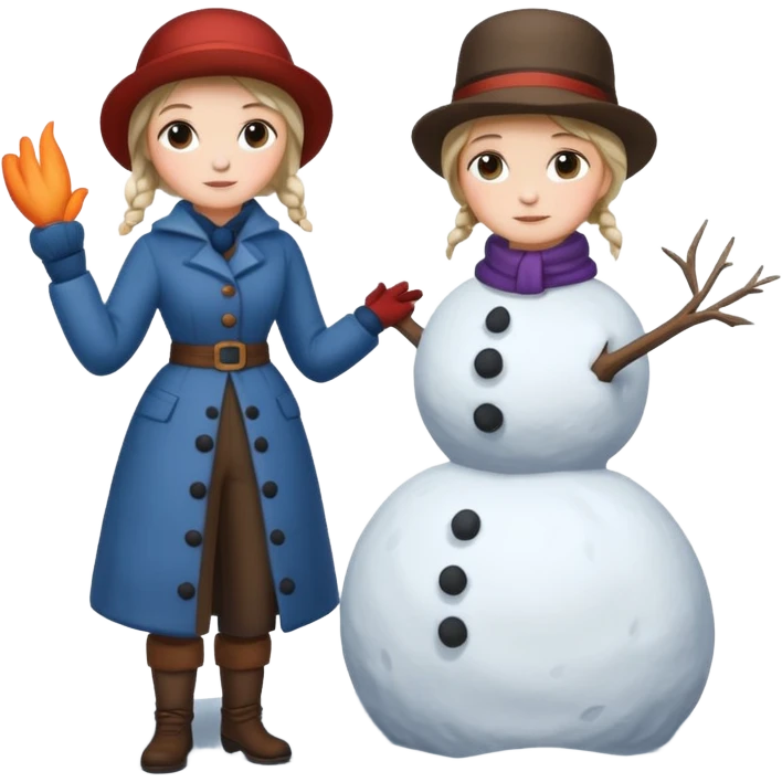  young Virginia Poe and  eldely Maria Clemm  full body building a snowman  1800's emoji