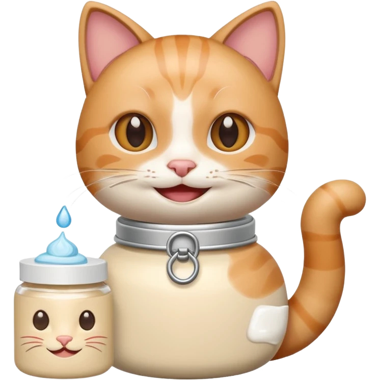 cat holding a skincare cream jar, smiling emoji
