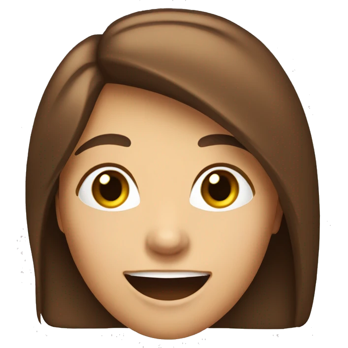 An emoji of a woman with long, straight brown hair and a large mouth, smiling with a friendly expression emoji