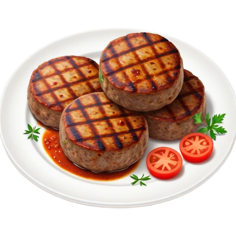 Cinematic Realistic image of Turkish Köfte, presented as perfectly formed, spiced meat patties with detailed textures and subtle grill marks, arranged artfully on a simple plate and illuminated by warm, appetizing lighting that accentuates their savory appeal. emoji