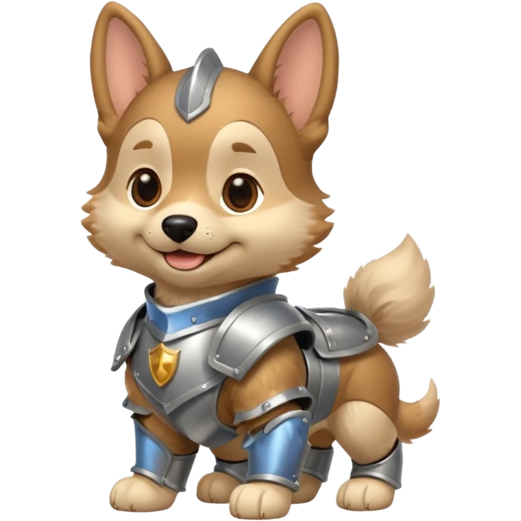 baby dog in silver armor, full body, smile emoji
