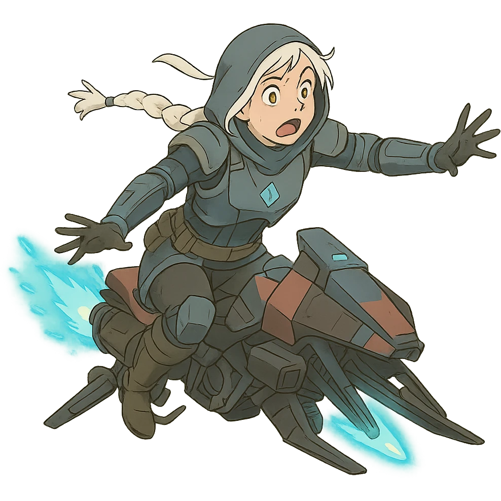 1 female, white hair long braid, gold yellow eyes, no helmet, a novice warlock from Destiny 2 armor,, futuristic technology,, level 1 warlock, flying out of control on a sparrow emoji
