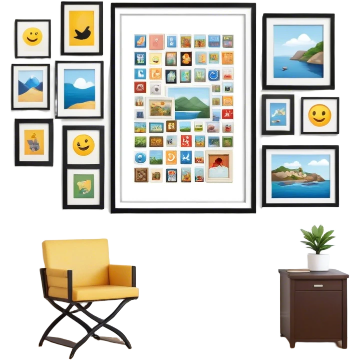 Icon for Photograph and Poster Collecting: a large poster in the center, surrounded by various-sized framed photographs. The icon should capture the charm of collecting photos and posters, arranged artistically on a wall. Transparent background. emoji