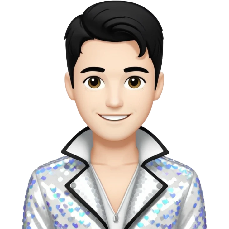 Sugar Bones, Male Electropop Singer from Confidence Man with black hair with white highlights, white sequin outfit emoji