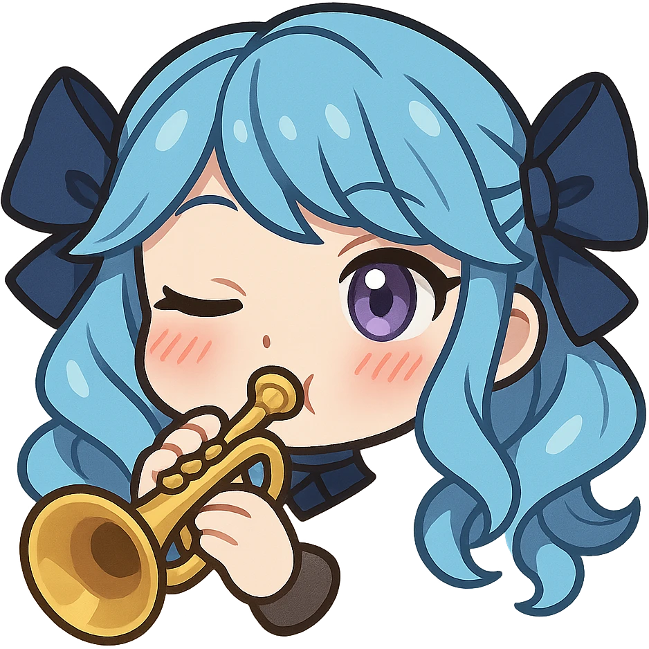 chibi style emote of Gwen from League of Legends, just the head, right eye purple, playing a trumpet, blushing emoji