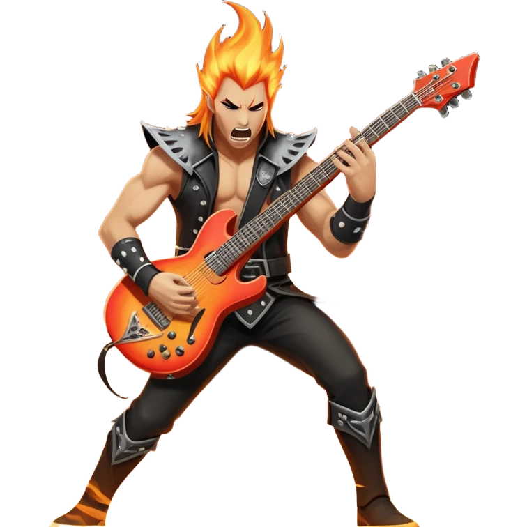 An icon showing a rock musician wielding a guitar in an epic battle, inspired by Brutal Legend. The design features fiery backgrounds, musical notes floating in the air, and electrifying stage lights, capturing the power of music and combat. Transparent background highlights the energy. emoji