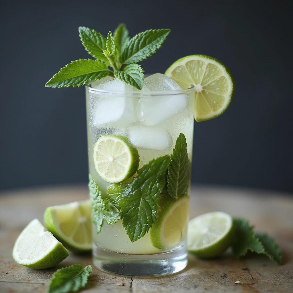 realistic mojito cocktail in a glass with mint leaves, lime slices, ice, photorealistic style, transparent background emoji