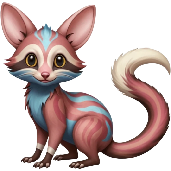 Oriental Painted Zooming Happy Realistic Star-swirled Zany Minccino-Opossum-Numbat-Lykoi-Sphynx-Zangoose-fusion-hybrid-animal-Fakémon-creature, full body, thin long sleek scaly tail, intricate markings emoji